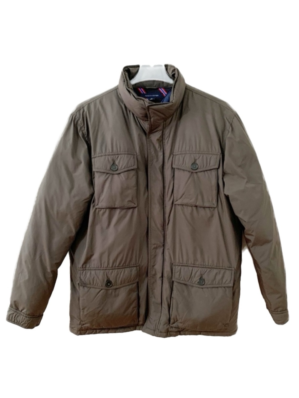Tommy Hilfiger Brown Down Parka Jacket Flap Pockets Mock Neck Full Zip Snaps 🟤